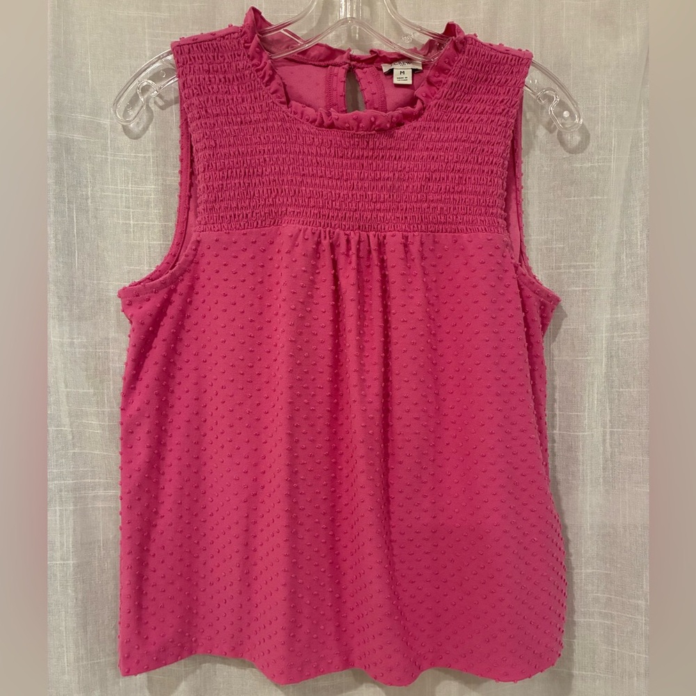 J. Crew Factory Pink Smocked Swiss Dot Sleeveless Top, sz M